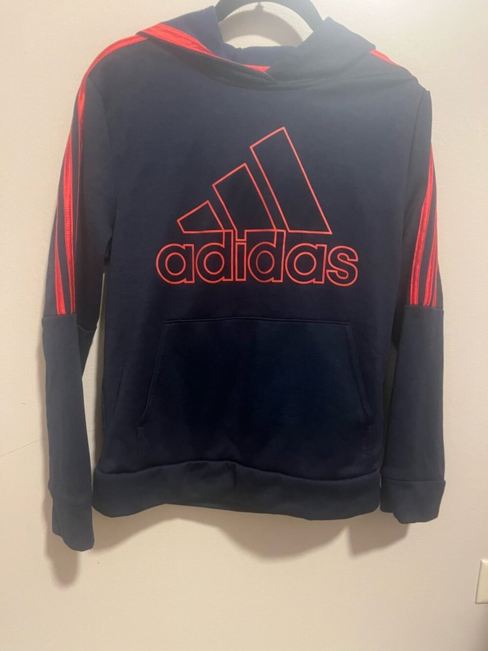 Adidas Boys Navy Red 3-Stripes Logo Pullover Hoodie Youth L 14/16